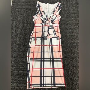 Chic Women’s Off-Shoulder Bodycon Dress – Pink Plaid Checkered Print Size Small